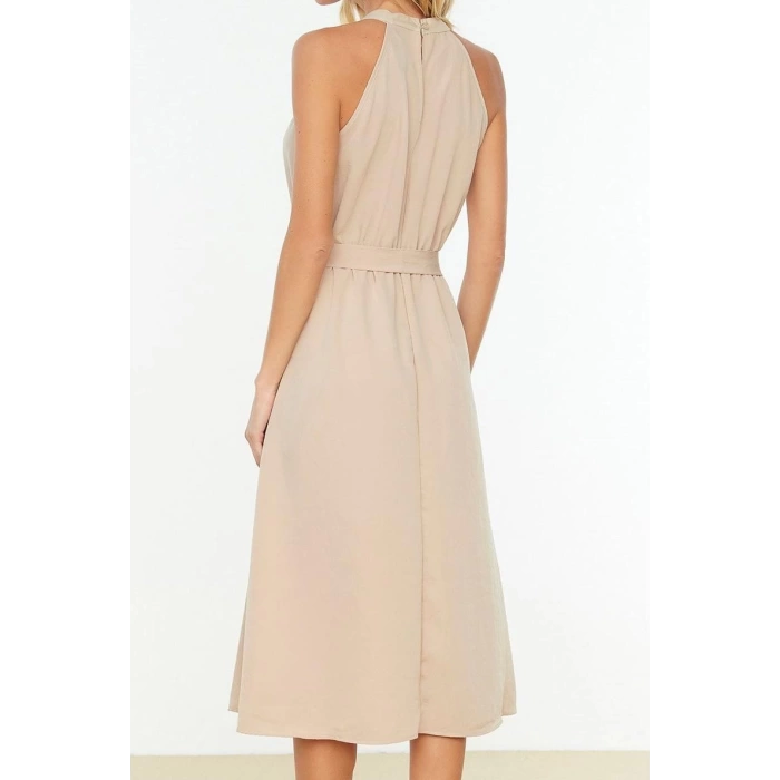 Moda Regular Casual Günlük Shally Dokuma Halter Yaka Kolsuz Kol A-Line Midi Boy Elbise