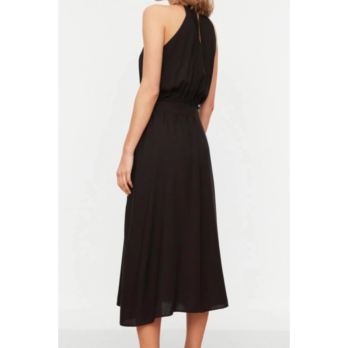 Moda Regular Casual Günlük Shally Dokuma Halter Yaka Kolsuz Kol A-Line Midi Boy Elbise