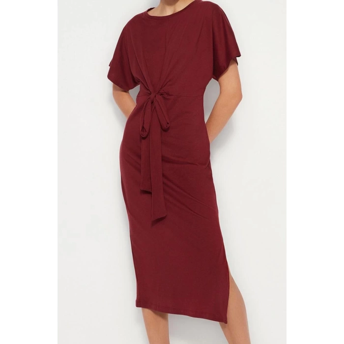 Moda Slim Bisiklet Yaka Midi Boy %100 Pamuk Bele Oturan Yırtmaç ve Bağlama Detaylı Örme Kalem Elbise