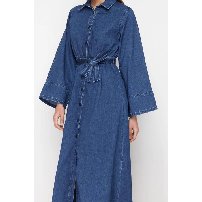 Moda Stil Regular Gömlek Yaka Maxi Boy Gömlek Denim Modest Elbise