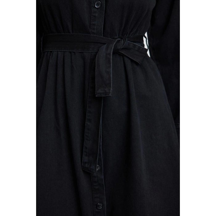 Moda Stil Regular Gömlek Yaka Maxi Boy Gömlek Denim Modest Elbise
