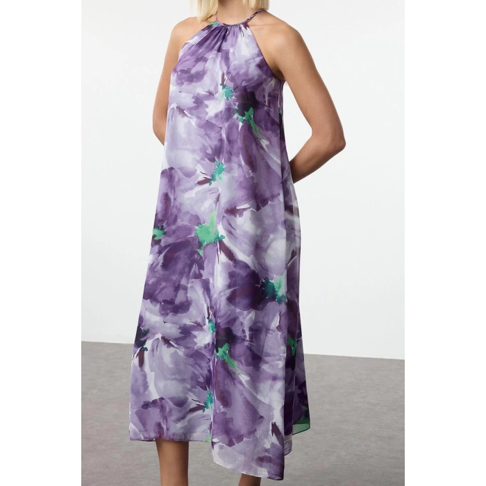 Moda Stil Regular Halter Yaka Maxi Boy Çiçekli Shift Dokuma Elbise