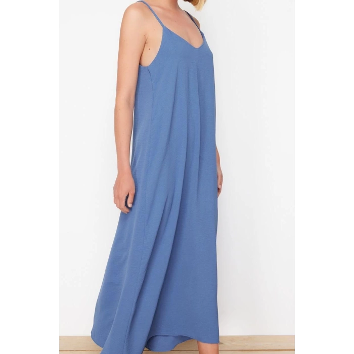 Moda Stil Oversize V Yaka Maxi Boy Düz Kesim Dokuma Elbise