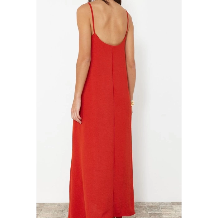 Moda Stil Oversize V Yaka Maxi Boy Düz Kesim Dokuma Elbise