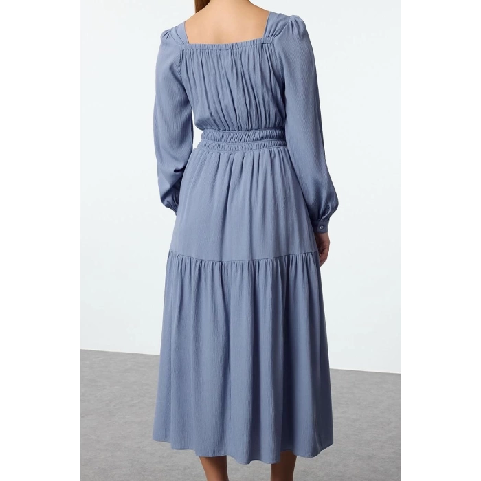 Moda Stil Regular Kare Yaka Midi Boy Eteği Belden Açılan Astarlı Dokuma Elbise