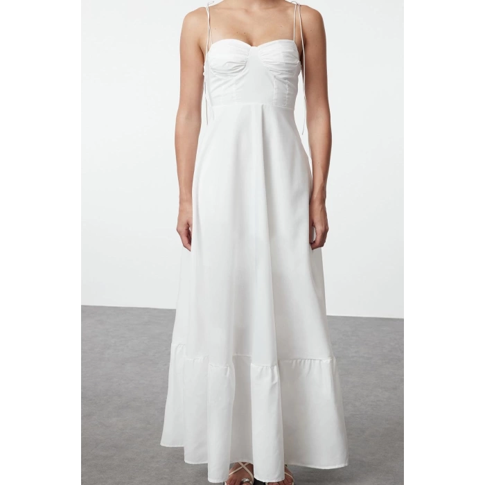 Fashion Style Regular Heart Neck Maxi Length Drape Detailed Woven Dress