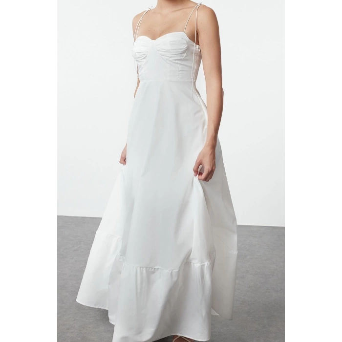 Fashion Style Regular Heart Neck Maxi Length Drape Detailed Woven Dress
