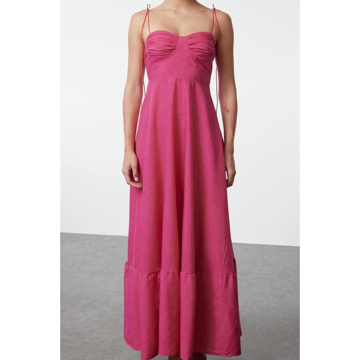 Fashion Style Regular Heart Neck Maxi Length Drape Detailed Woven Dress