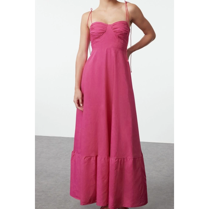 Fashion Style Regular Heart Neck Maxi Length Drape Detailed Woven Dress