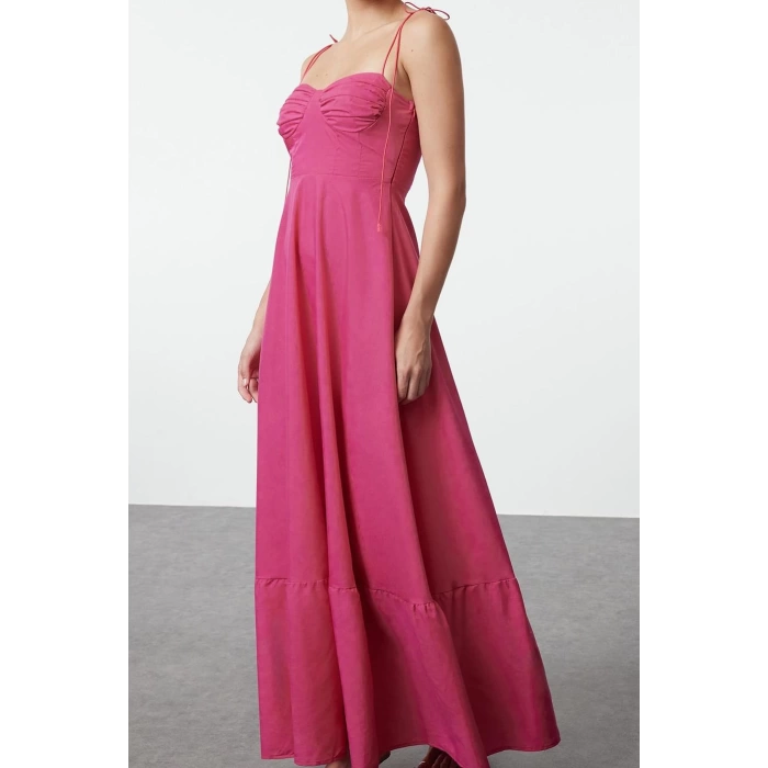 Fashion Style Regular Heart Neck Maxi Length Drape Detailed Woven Dress