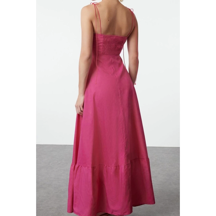 Fashion Style Regular Heart Neck Maxi Length Drape Detailed Woven Dress