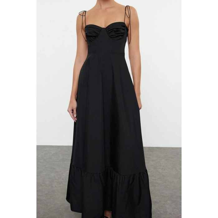 Fashion Style Regular Heart Neck Maxi Length Drape Detailed Woven Dress