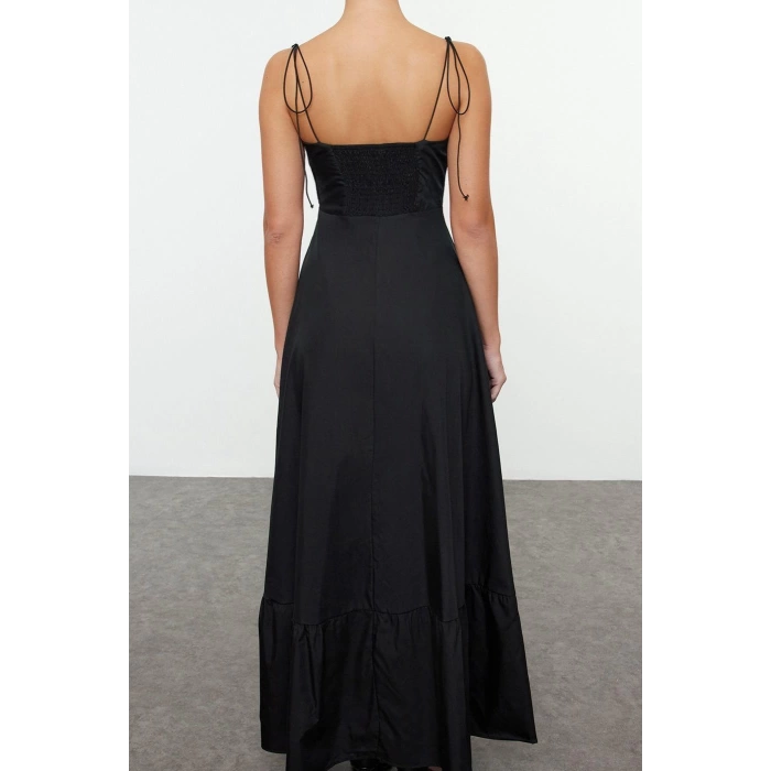 Fashion Style Regular Heart Neck Maxi Length Drape Detailed Woven Dress