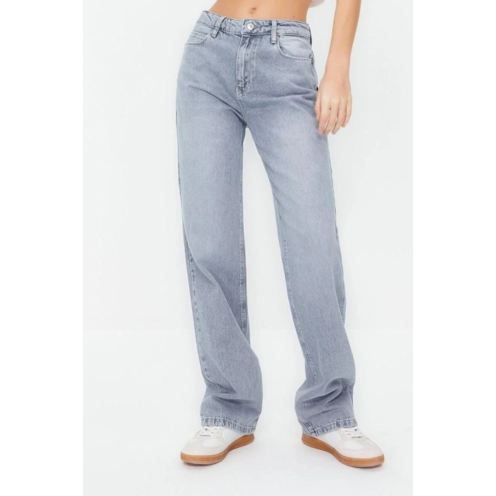 Style Women Fashion Denim Jeans Pants Regular Wide Leg Blue-Grey Low Waist Jeans