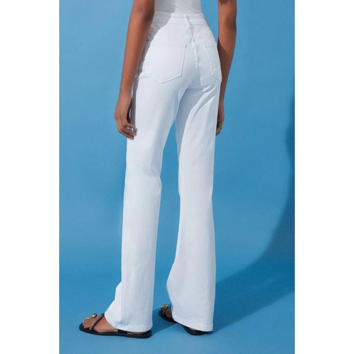 Stil Kadın Moda Denim Kot Pantolon Regular İspanyol Paça Beyaz Yüksek Bel Jeans