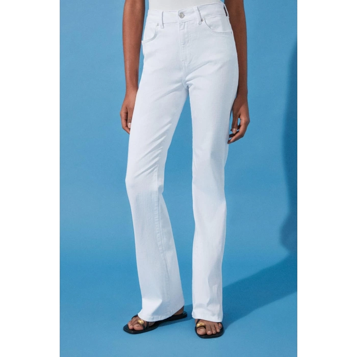 Stil Kadın Moda Denim Kot Pantolon Regular İspanyol Paça Beyaz Yüksek Bel Jeans