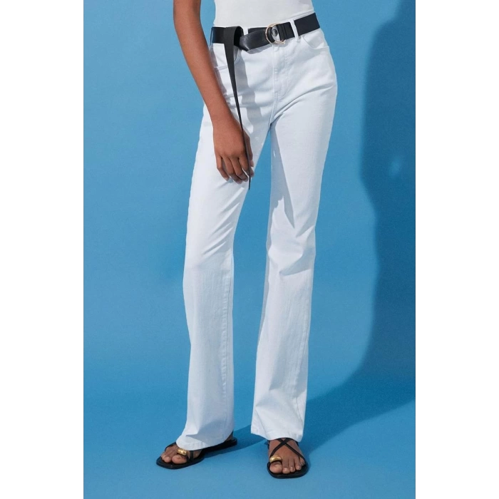 Stil Kadın Moda Denim Kot Pantolon Regular İspanyol Paça Beyaz Yüksek Bel Jeans