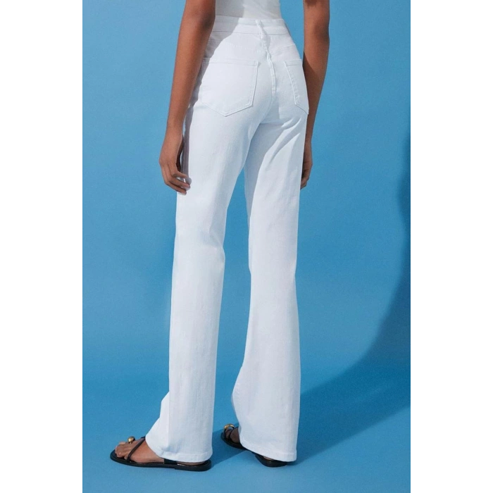 Stil Kadın Moda Denim Kot Pantolon Regular İspanyol Paça Beyaz Yüksek Bel Jeans