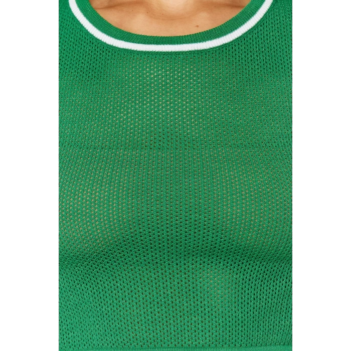 Stil Modern Kadın Crop Standart Kol Bisiklet Yaka Ajurlu Delikli T-Shirt Görünümlü Triko Kazak