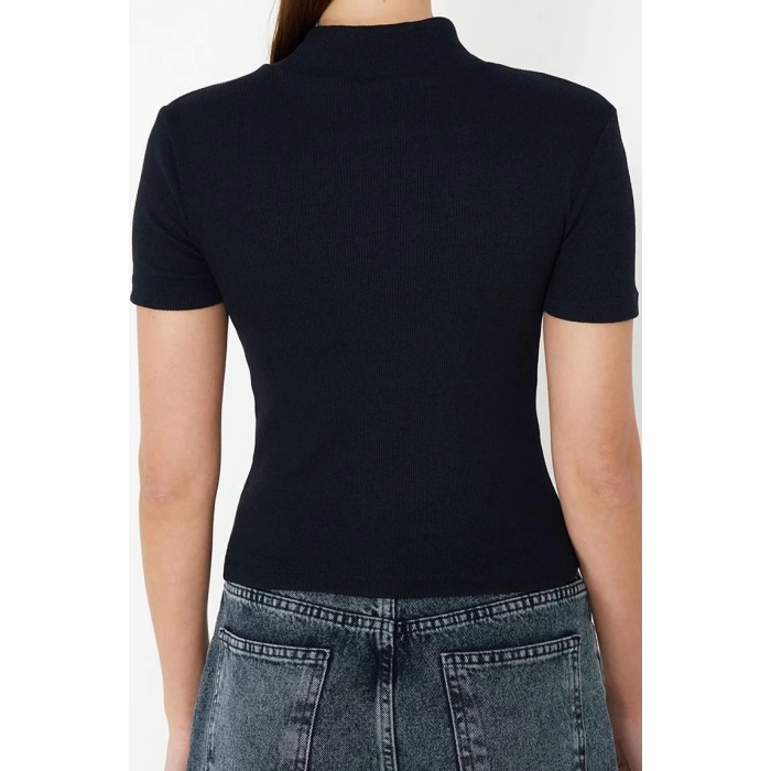Fashion Stand Collar Knitted Slim Plain Pattern Casual Daily Crop Short Sleeve Blouse