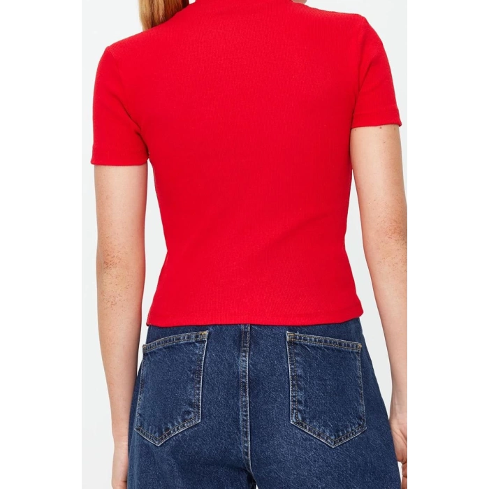 Fashion Stand Collar Knitted Slim Plain Pattern Casual Daily Crop Short Sleeve Blouse