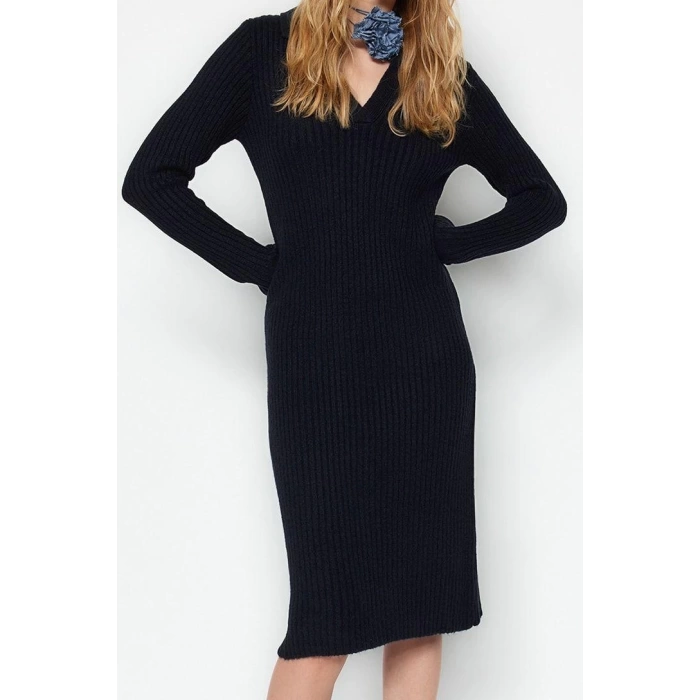 Moda Regular Casual Günlük Tek Plaka Triko Polo Yaka Uzun Kol Shift Midi Boy Elbise