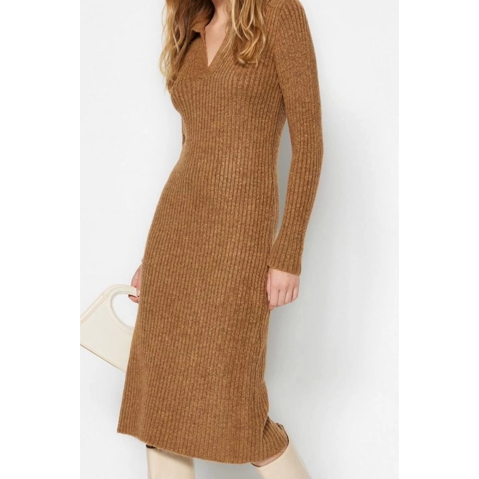Moda Regular Casual Günlük Tek Plaka Triko Polo Yaka Uzun Kol Shift Midi Boy Elbise