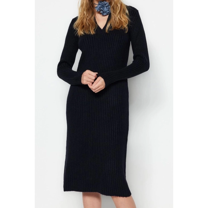 Moda Regular Casual Günlük Tek Plaka Triko Polo Yaka Uzun Kol Shift Midi Boy Elbise