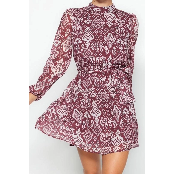 Moda Regular Gündüz Gece Şifon Dokuma Dik Yaka Uzun Kol A-Line Mini Boy Elbise
