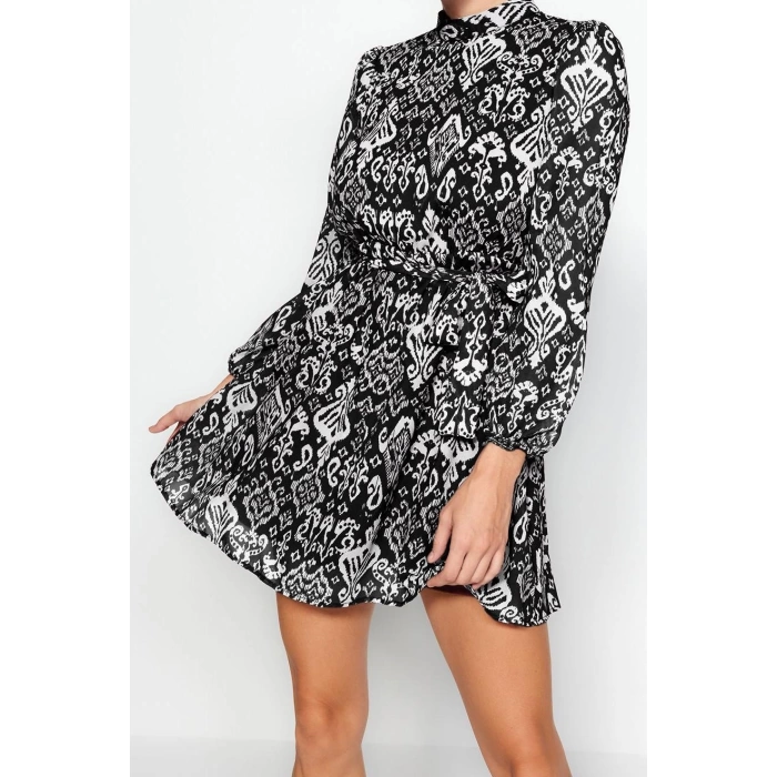 Moda Regular Gündüz Gece Şifon Dokuma Dik Yaka Uzun Kol A-Line Mini Boy Elbise