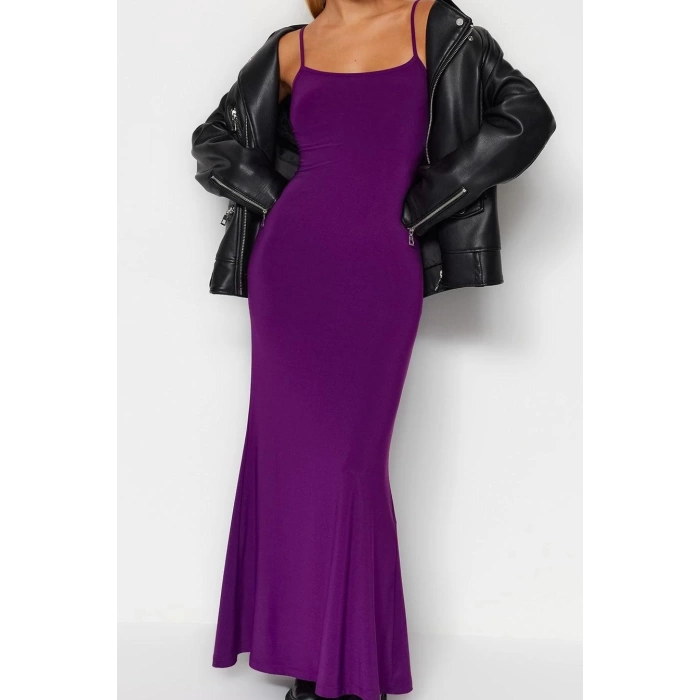 Fashion Style Slim Square Neck Maxi Length Floral Bodycone Fitted Strappy Stretch Knit Dress