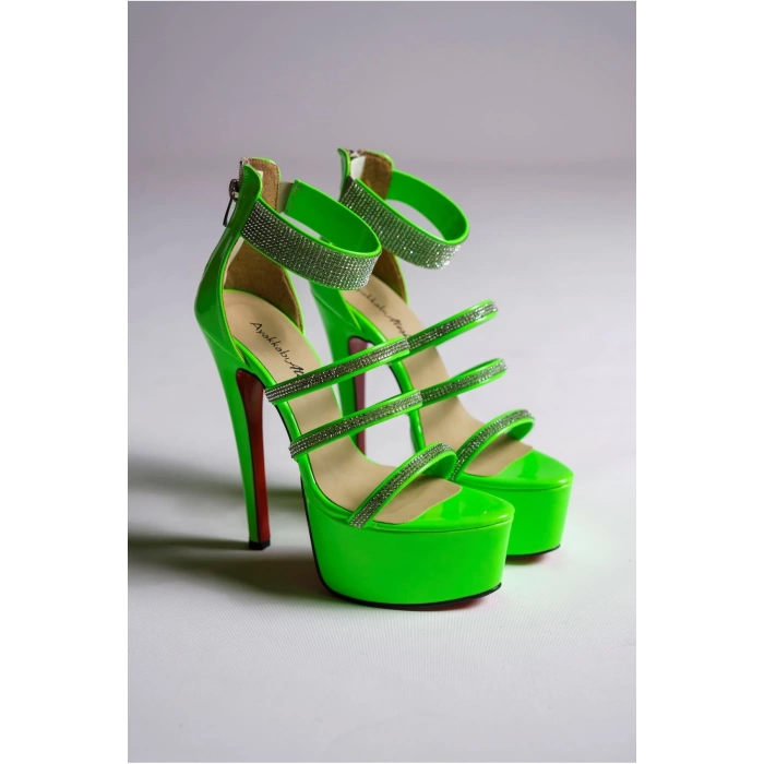 Kadın Taşlı Neon Platform İnce Topuklu Sandalet Gece Şıklığı Model