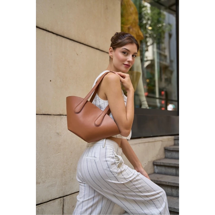 Deri Görünümlü Shopper Çanta Bordo
