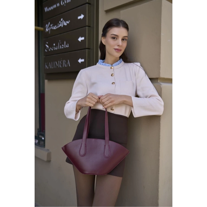 Deri Görünümlü Shopper Çanta Bordo
