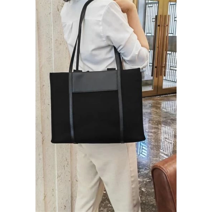 Deri Detaylı Kanvas Tote Çanta Siyah