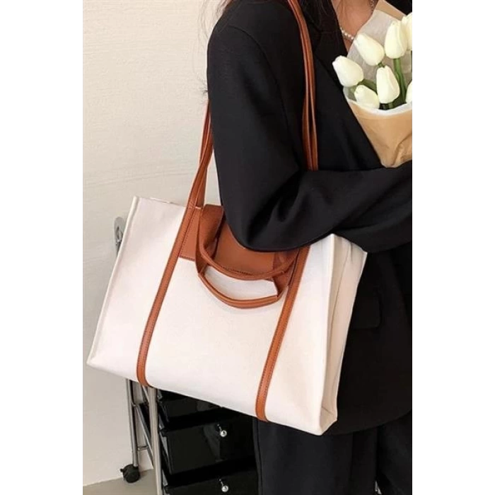 Deri Detaylı Kanvas Tote Çanta Siyah