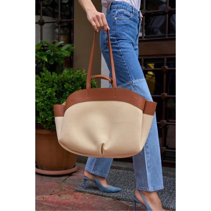 Kontrast Tote Çanta Taba Hasır