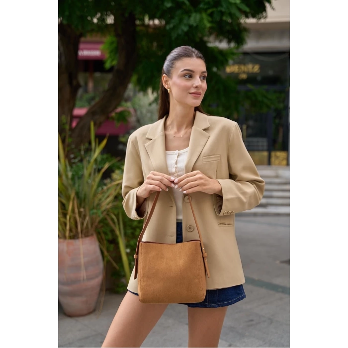 Shopper Yumuşak Deri Ayarlanabilir Askılı Omuz Çantası Vizon