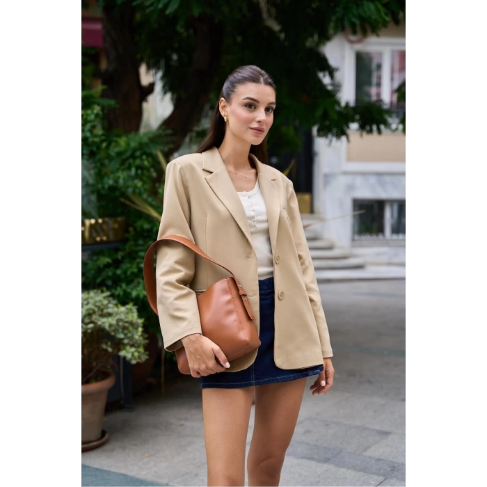 Shopper Yumuşak Deri Ayarlanabilir Askılı Omuz Çantası Vizon