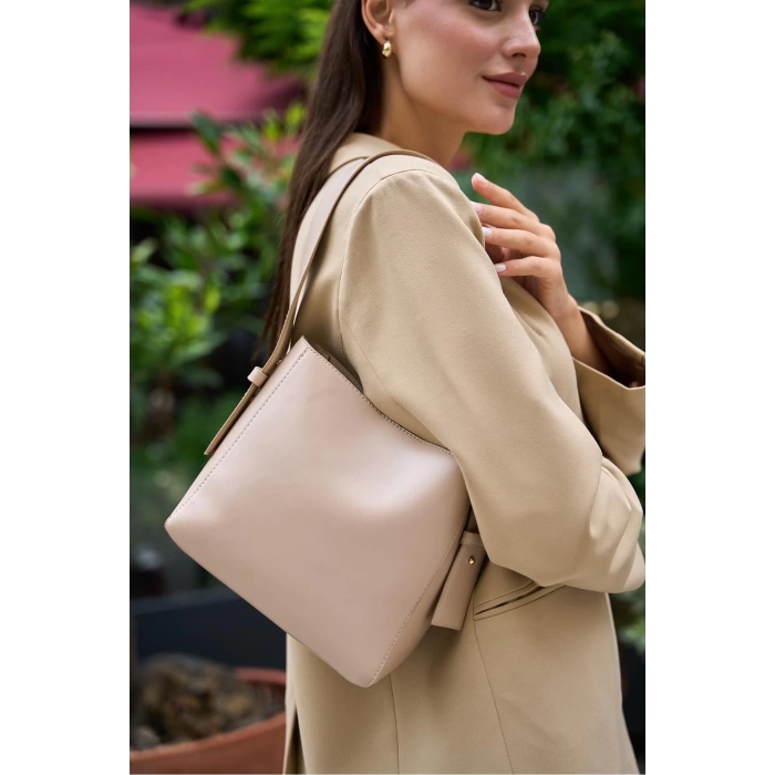 Shopper Yumuşak Deri Ayarlanabilir Askılı Omuz Çantası Vizon
