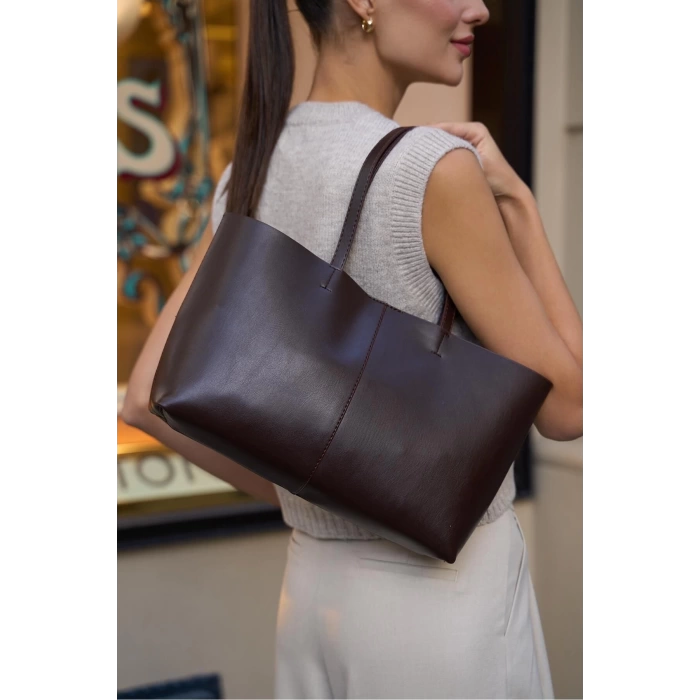 Minimal Tote El Ve Omuz Çantası Kahverengi