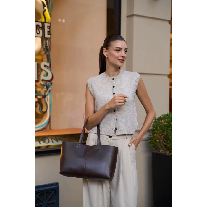 Minimal Tote El Ve Omuz Çantası Kahverengi