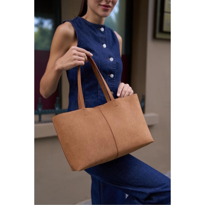 Minimal Tote El Ve Omuz Çantası Kahverengi