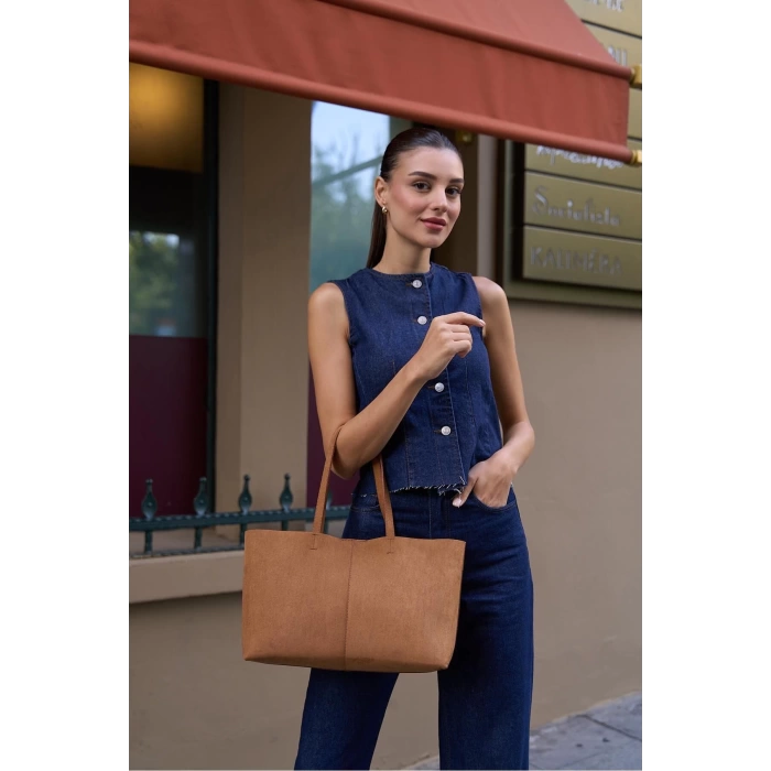 Minimal Tote El Ve Omuz Çantası Kahverengi