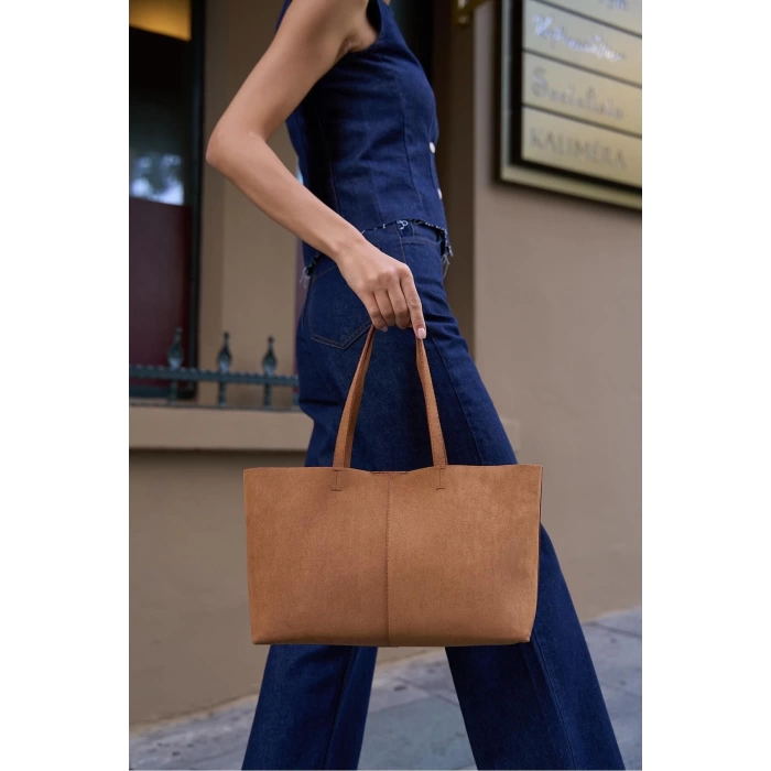 Minimal Tote El Ve Omuz Çantası Kahverengi