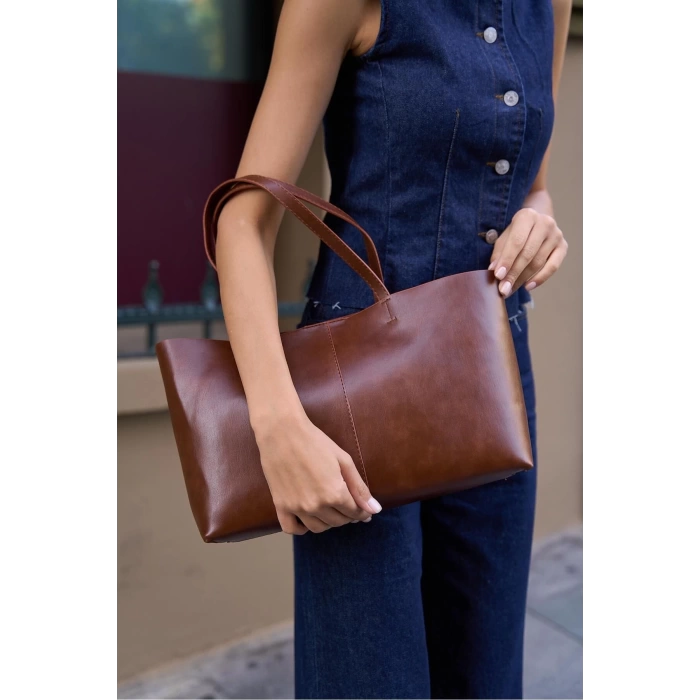 Minimal Tote El Ve Omuz Çantası Kahverengi