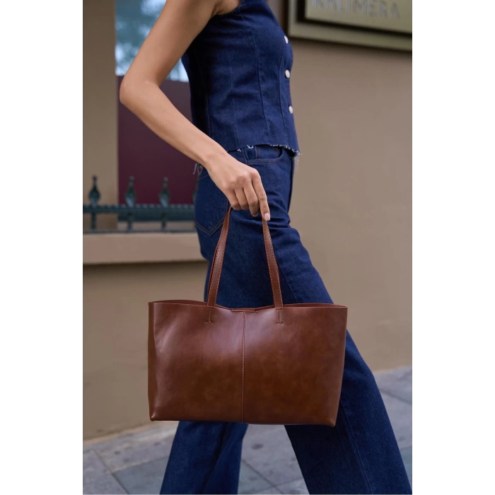 Minimal Tote El Ve Omuz Çantası Kahverengi