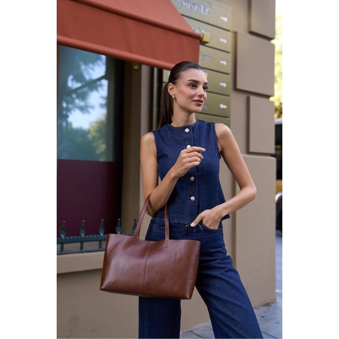 Minimal Tote El Ve Omuz Çantası Kahverengi