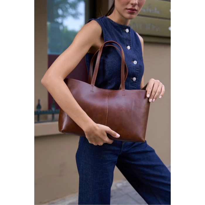 Minimal Tote El Ve Omuz Çantası Kahverengi