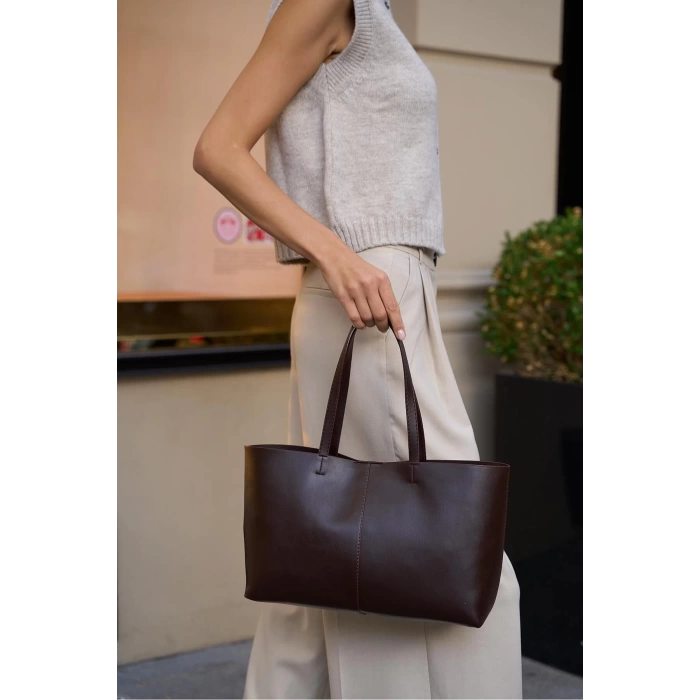 Minimal Tote El Ve Omuz Çantası Kahverengi
